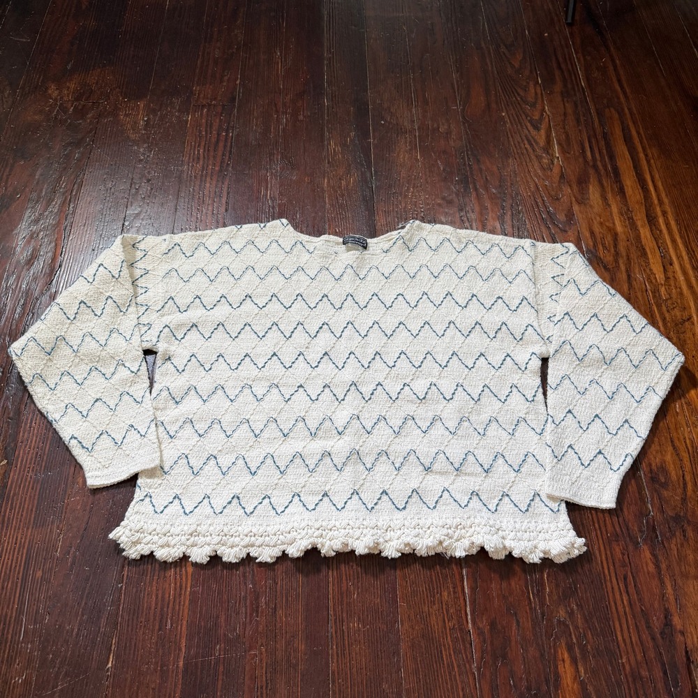 Vintage 90s Objects D'art Knit Sweater Women L Cream Zig Zag Tassel Fringe USA